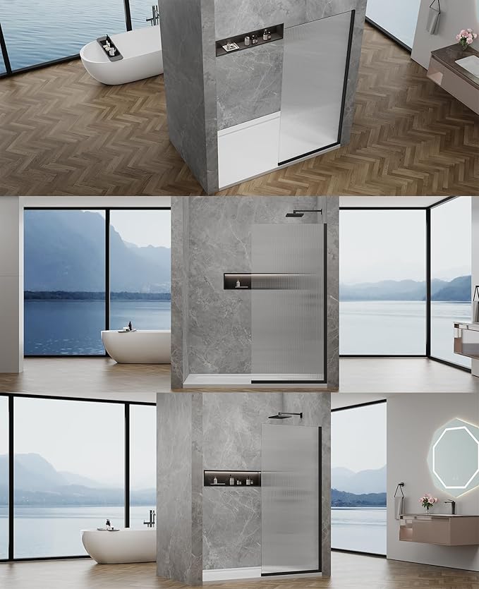 36"x76" Fixed Glass Shower Door, 3/8"(10mm) Thick Fluted Privacy Tempered Glass, Frameless Shower Glass Panel, Shower Screen Half Wall for Walk in Shower, Matte Black
