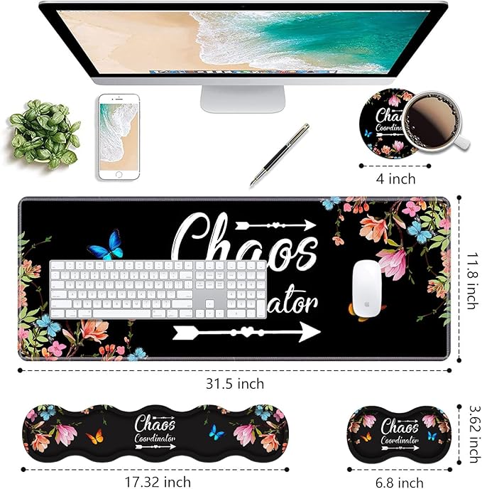 Ergonomic Keyboard Wrist Rest & Mouse Pad Wrist Rest Set, Chaos Coordinator Quote Vintage Watercolor Floral Large Gaming Desk Mat 31.5"x 11.8" with Memory Foam, Easy Typing Pain Relief for Home Office