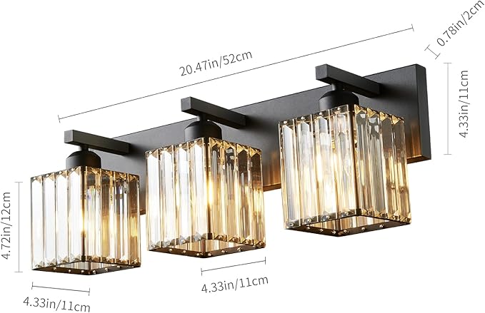 FDPBY Modern Bathroom Vanity Light 3-Lights Modern Black Crystal Wall Light Bathroom Vanity Light Fixtures