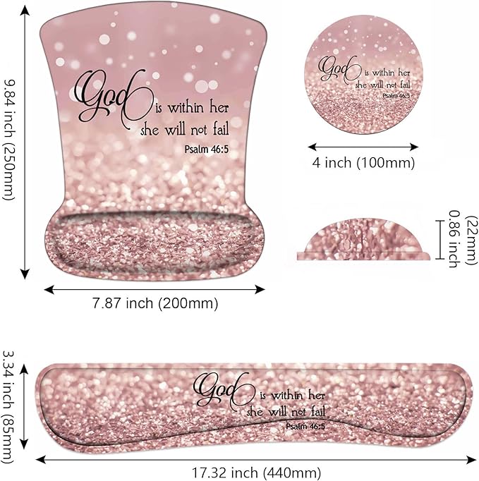 Ergonomic Mouse Pad Wrist Support and Keyboard Wrist Rest Set with Coasters, Non-Slip PU Base, Easy Typing and Relieve Wrist Pain, Perfect for Home Office Working Studying, Bible Verse Psalm 46:5