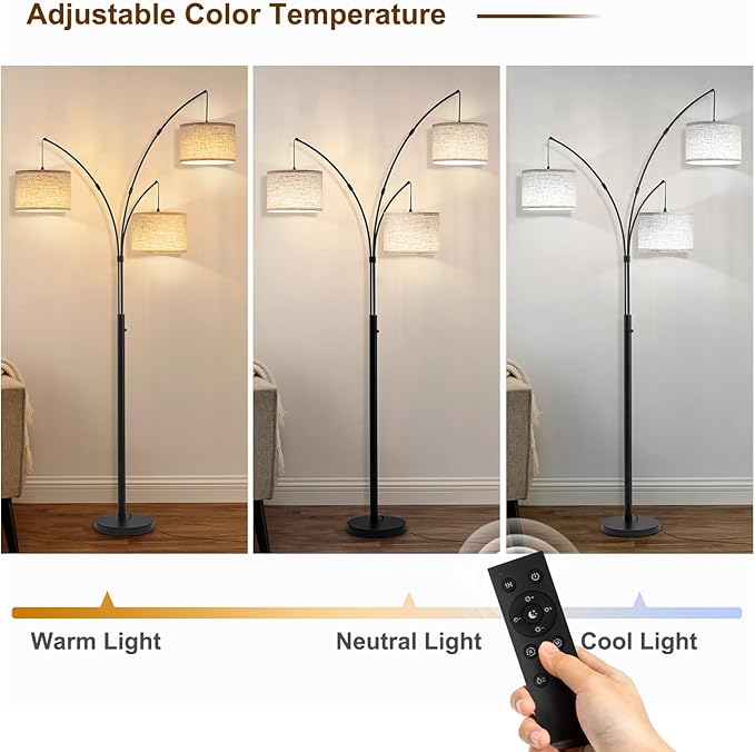 Fansdrick Floor Lamps for Living Room, 2400LM Super Bright Arc Floor Lamp with Remote Control, 3 Light Tall Floor Lamps with Stepless Dimmable, 80" Mid Century Tree Floor Lamp for Bedroom, Office