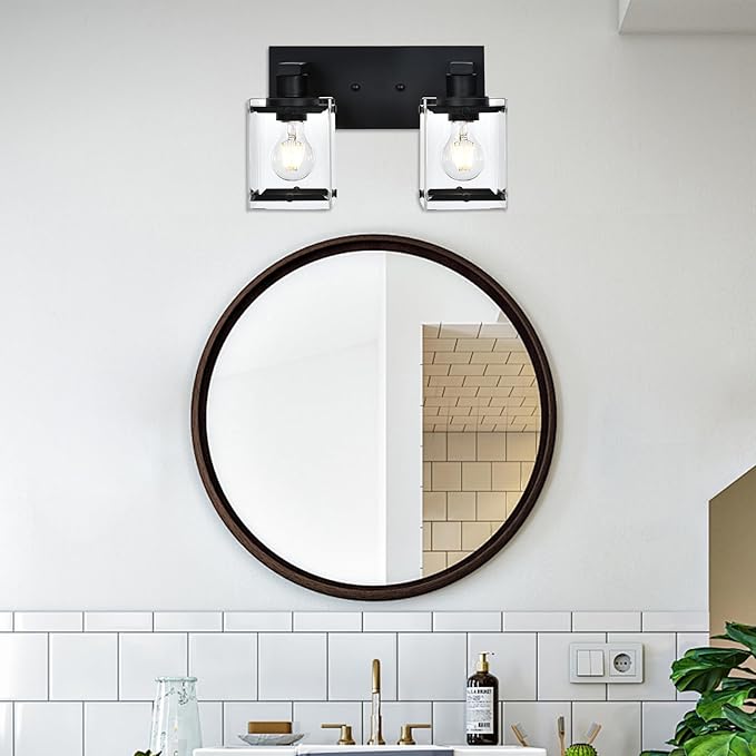 WINSHEN Black 2-Light Wall Sconce Bathroom Light Fixture, Rectangular Clear Glass Vanity Lighting Over Mirror, E26 Bulb Base