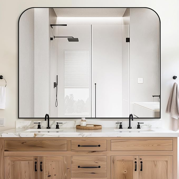 Bathroom Mirror, Wall Mirrors, Black Metal Framed Wall-Mounted Mirrors, Bathroom Vanity Mirror for Over Sink, Living Room, Bedroom, Entryway, 48x40 Inch, Black