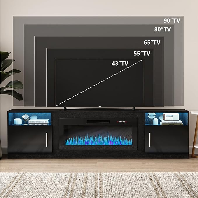 VITESSE TV Stand with 36" inch Electric Fireplace Up to 90" TVs, LED Light Entertainment Center, 80" Modern Wood High Gloss Fireplace with Highlight Storage Cabinet for Living Room (Black)