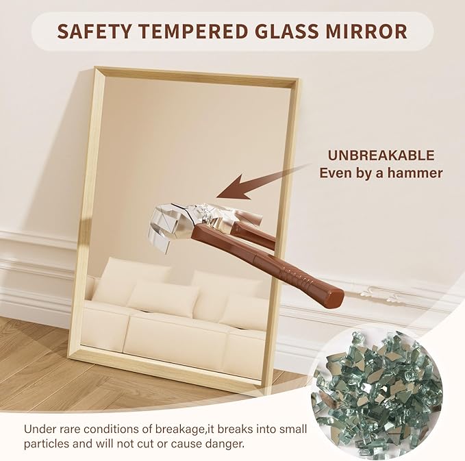 Oak Wood Effect Framed Wall Mirror, 22x30 Rectangle Mirror, Anti-desilvering Tempered Glass, Sustainable& Sturdy Frame, Anti-Rust, HD Reflection &3min Fast Setup for Bathroom Living Room
