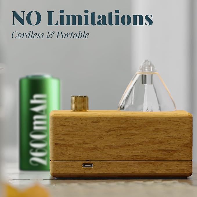 Waterdrop Glass Essential Oil Diffuser with Handmade Wood Base for Aromatherapy, Waterless Scent Diffuser for Yoga Home Office, Portable & Cordless Oil Nebulizer with LED & Timer, Valentine's Day gift