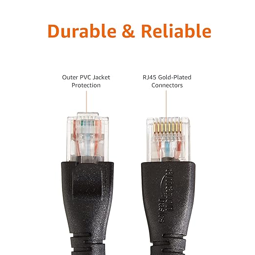 Amazon Basics RJ45 Cat 6 Ethernet Patch Cable, 1Gpbs Transfer Speed, Gold-Plated Connectors, 10 Foot For Personal Computer,Printer,Laptop,Gaming Consoles,Router, Black