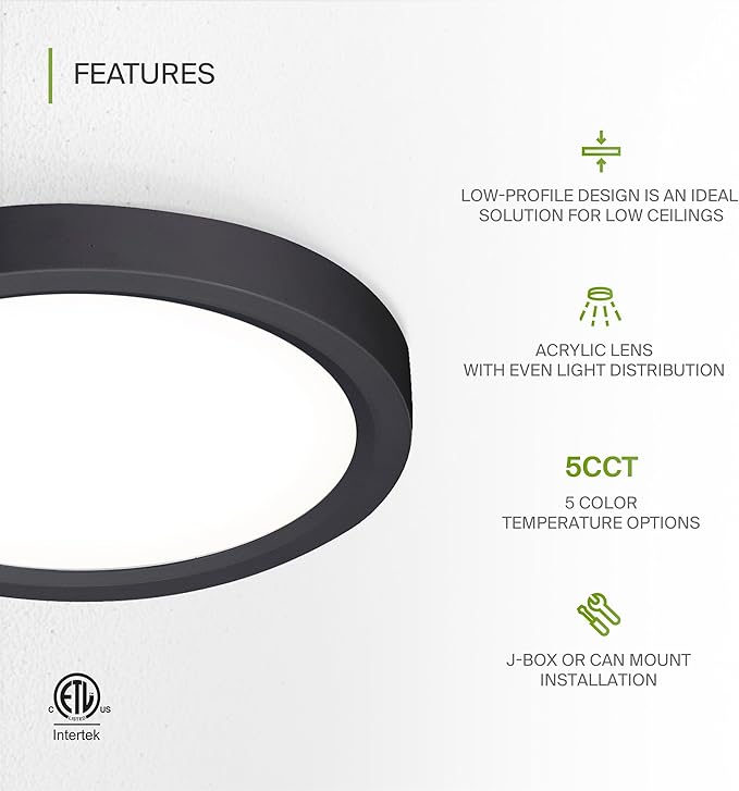 ASD LED 7" Round Flush Mount Ceiling Light Fixture, Low Profile Surface Lighting | 5CCT, Dimmable, Ultra-Thin, ETL Listed | 15W 1260LM 2700-6000K 120V | Kitchen, Bedroom, Hallway Lamp | Black