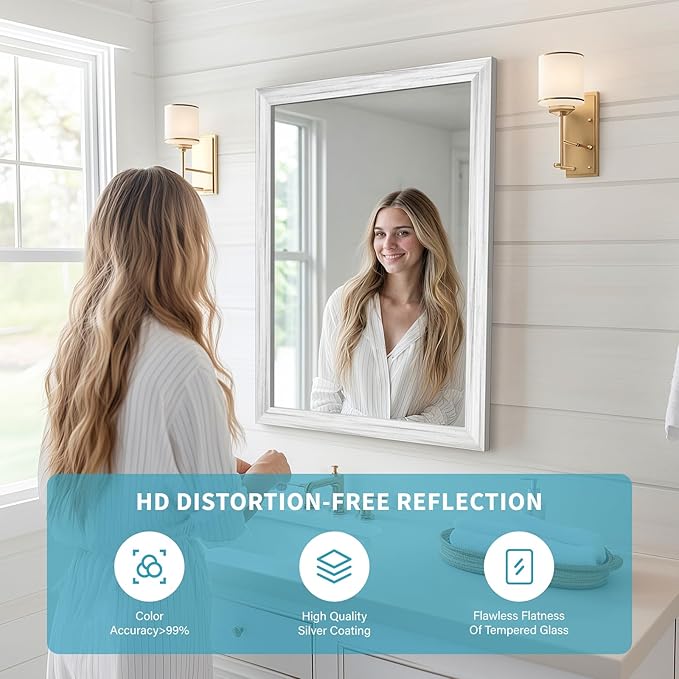 White Wood Effect Framed Wall Mirror, 24x36 Rectangle Mirror, Anti-desilvering Tempered Glass, Sustainable& Sturdy Frame, Anti-Rust, HD Reflection &3min Fast Setup for Bathroom Living Room