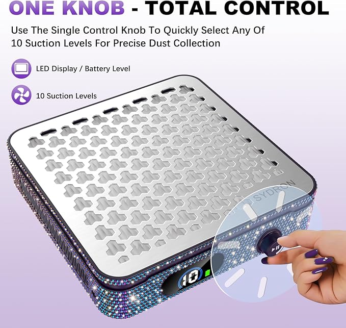 Nail Dust Collector | 1000PA Nail Fan Dust Collector | 10 Speed Levels | Low Noise & Strong Suction | Reusable Filter, 10 Pads + Nail Dust Brush | for Acrylic Nails, Salon & Home -Purple Diamond