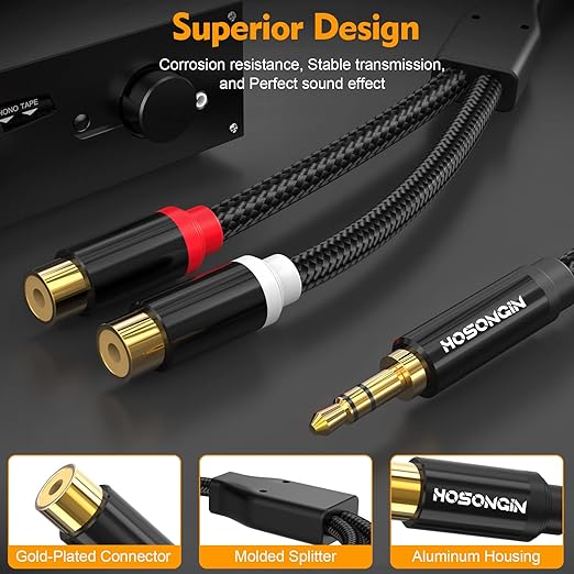 HOSONGIN RCA Female to 3.5mm Male Audio Cable (12 inch) 2 Pack, Gold-Plated Aux to 2RCA Female Adapter – Hi-Fi Stereo Y Splitter for iPhone, TV, Amp, Car, DJ Gear – Nylon Braided, Oxygen-Free Copper