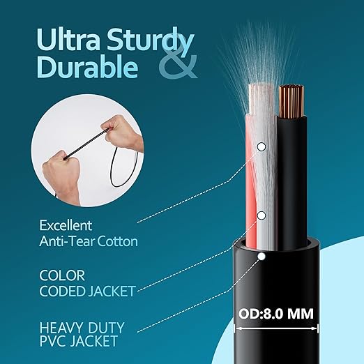 HiFind 12/2 Gauge Speaker Wire Cable 100 Ft-Tinned OFC Copper-UL CL3 Rated- Indoor/Outdoor-Pro Series 12 AWG-UV PVC Jacket&Cotton, Hi-Fi Sound for Car Audio,Home Theater Speakers,Stereos-Black