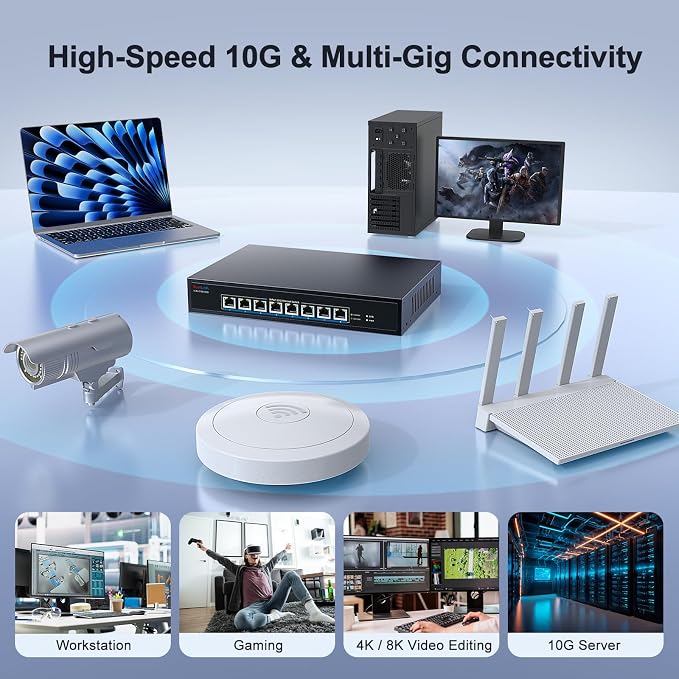 8-Port 10Gb RJ45 Ethernet Switch Unmanaged, VunLink 10GBase-T Multi-Gig Network - Image 2