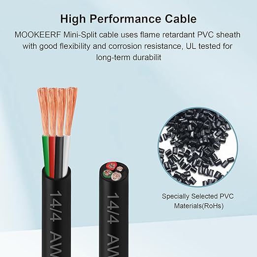 MOOKEERF 14/4 AWG Mini-Split Cable - 30FT 14 AWG 4 Conductor Control Cable 300V Stranded Oxygen-Free Pure Copper Wire for Mini Split Air Conditioner,Heat Pump,HVAC Systems and Speaker Systems