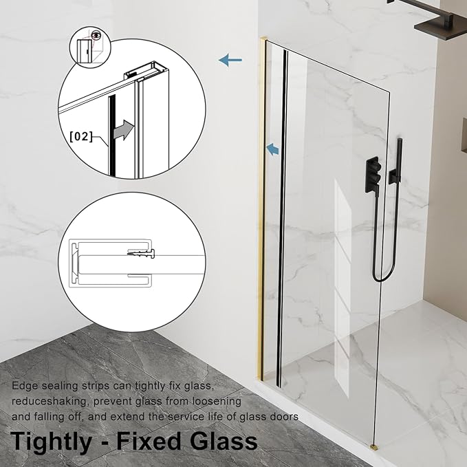 Bathbliss 36" W x 76" H Frameless Shower Glass Panel, 8mm Clear Tempered Glass, Fixed Walk-In Shower Screen, Brushed Gold Finish, Reversible Installation