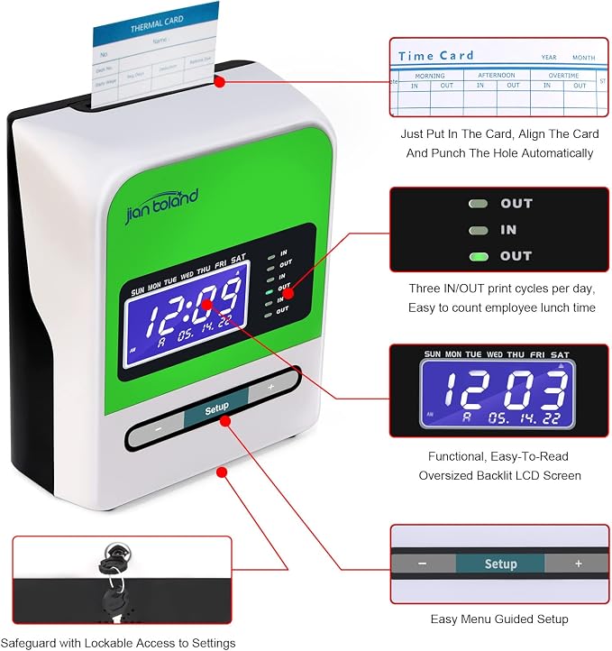 Employee Thermal Time Clock for Small Business | in/Out Punch Clock, No Ink - Image 2