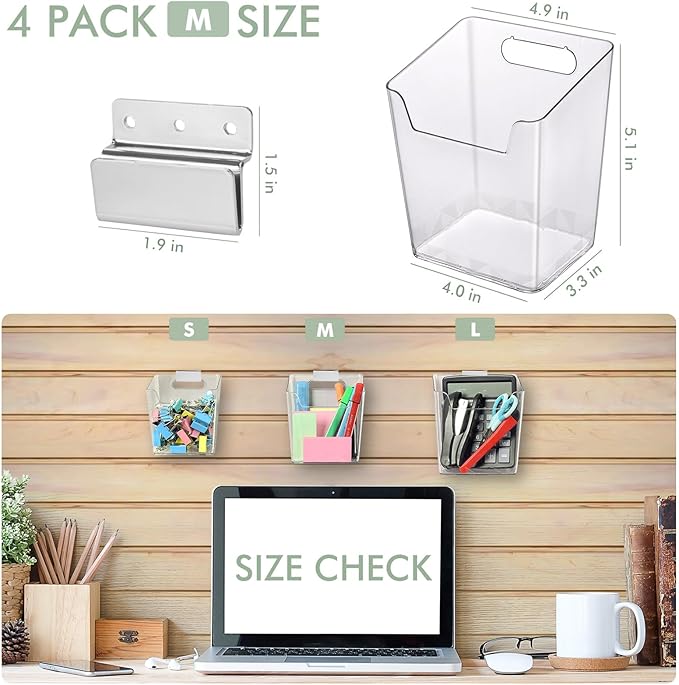 Clear Slatwall Bins, 4 Pack Slat Wall Accessories Cups Hooks Assemble Set Fit Most Slat Board Storage Systems Transparent Display Hanging Holder Organizers for Garage Shed Office Craft Tool (Medium)