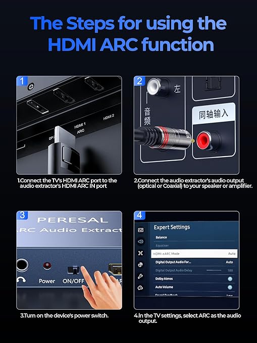 192KHz HDMI ARC Audio Extractor with Optical Cable ARC Converter HDMI ARC to Optical TOSLINK SPDIF Coaxial, RCA+3.5mm Jack L/R Stereo, Audio Splitter for HDTV to Soundbar Amplifier Speakers headphones