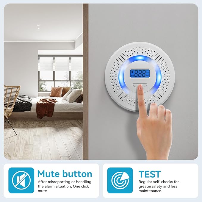Smoke Detector Carbon Monoxide Gas Alarm, Fire Carbon Monoxide (CO) Detector 2 in 1 with Digital Display and Sound Light Alarm, Battery Operated Suitable for Bedroom Warehouse Kitchen or RV Travel