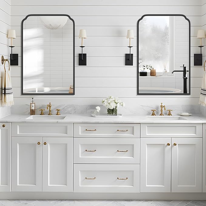 24X36 Inch Black Bathroom Mirror for Over Sink, Modern Rounded Corner Rectangle Mirror with Non-Rusting Iron Metal Framed Bathroom Vanity Mirror for Wall Decor(Tempered Glass)