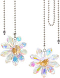 LEFERS Ceiling Fan Pull Chain, 2 Pieces 1.8" Crystal Glass Flower Pendants with 24" Ceiling Fan Chain Extender and Connector (Crystal AB)