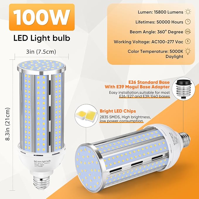 XYCN 4 Pack 100W Corn LED Light Bulb Fanless,5000K Daylight(1000 Watt Equivalent) E26/E39 Large Mogul Base LED Cob Lamp 15,800LM for Outdoor Indoor Garage Warehouse Factory Workshop Street Backyard