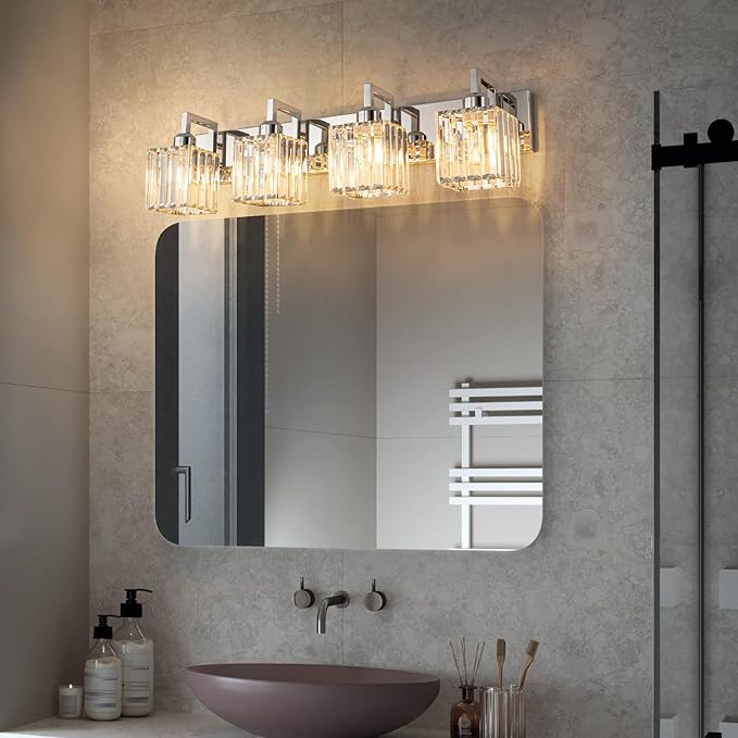 FDPBY Modern Bathroom Vanity Light 4-Lights Chrome Crystal Wall Lamp Bathroom Modern Crystal Vanity Lighting