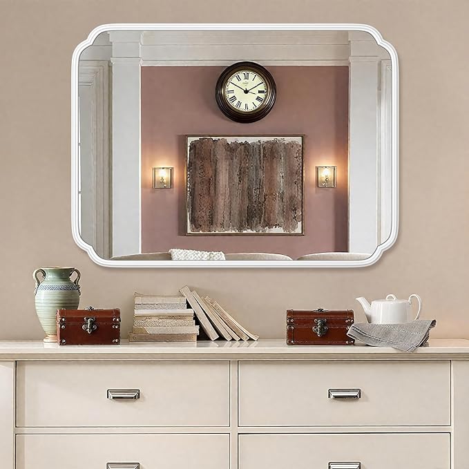 White Bathroom Vanity Mirror for Over Sink 30" x 40" Modern Rounded Corner Rectangle Wall Mirror Decorative with Non-Rusting Iron Metal Framed (Horizontal/Vertical)