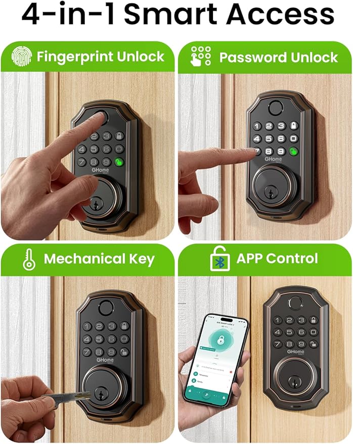 GHome Smart Door Lock KD30, Fingerprint Smart Deadbolt for Front Door, 5 in 1 Keyless Entry Door Lock, App Control, Auto Lock, 0.3s Unlock, Easy Install, for Home/Apartment/Office, Black