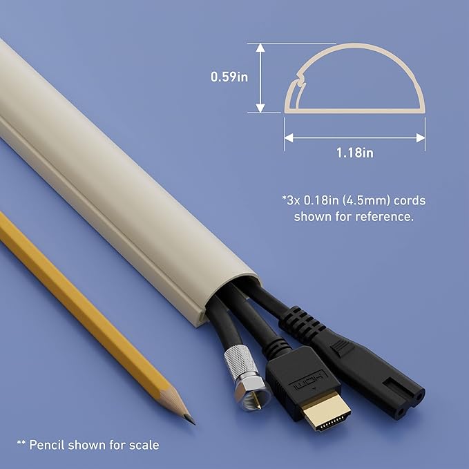D-Line 31.4in TV Cord Hider, Patented Half Round Cable Cover, Hide Wall Mount TV Wires, Hinged One-Piece Cable Concealer, Adhesive, Decorative Raceway - 2X 1.18in W x 0.59in H x 15.7in L - Beige