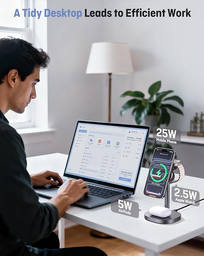 Augnner 3 in 1 Wireless Charging Station, Qi2.2 25W Certified Fast Magnetic Charger, Mag-Safe Wireless Charger Stand with TEC Active Cooling, for iPhone17/16/15/14/13/12, Apple Watch/AirPods
