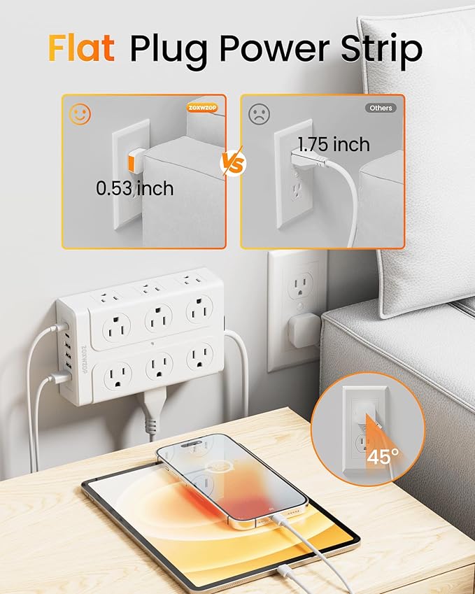 Zoxwzop Surge Protector Power Strip - 12 Outlets(1850W/15A) 6 USB Ports（2 USB C, 6FT Flat Plug Extension Cord, Wall Mount Multi Plug Outlet Extender, ETL Listed for Home, Dorm Room
