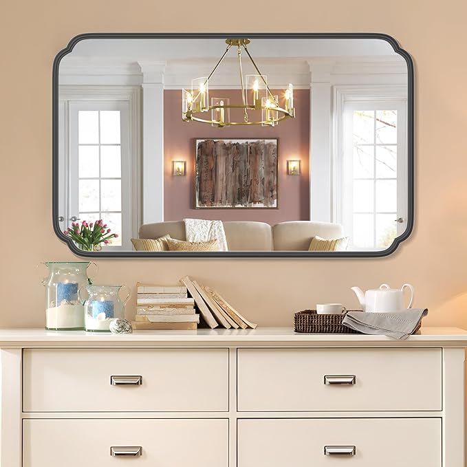 White 30"x48" Bathroom Mirror for Wall, Large Bathroom Vanity Mirror, Rounded Rectangle Mirror in Wooden Frame Hangs Horizontal Or Vertical