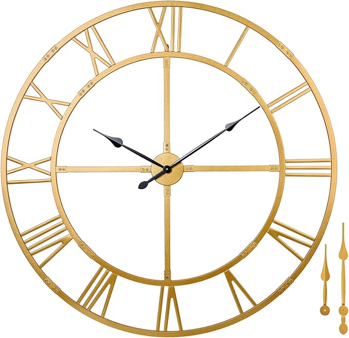 Ohweog Large Wall Clock for Living Room Decor – 60 Inch Silent Non-Ticking Modern Farmhouse Wall Clock, Oversized Decorative Metal Roman Numeral Clock (Gold, 60 Inch)