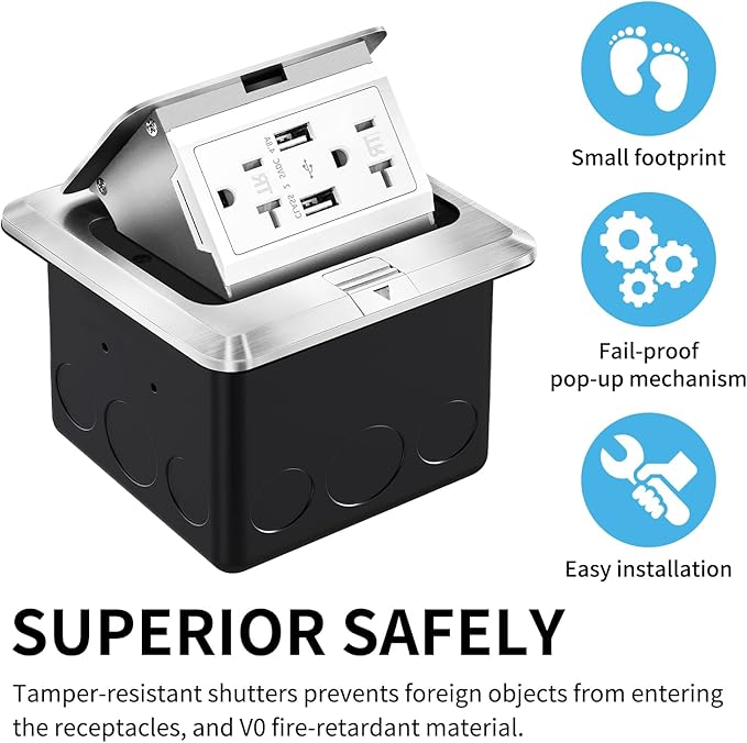 Vagueior Recessed Floor Electrical Outlet Kit,Waterproof Electrical Outlet Covcer Box,Hidden 4.8A USB+20A Tamper-Resistant Receptacle Outlet with Slow Elastic Damping ，ETL Certified,Silver (1 Pack)