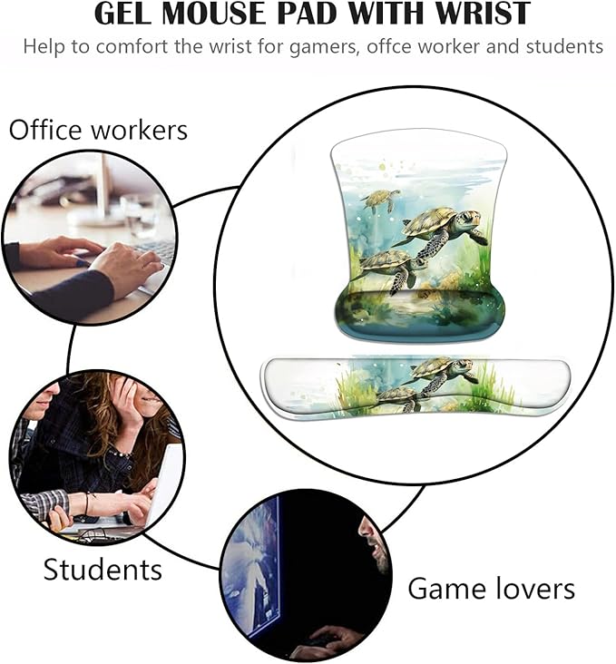 Keyboard Wrist Rest and Mouse Pad Wrist Support Set with Coasters, Non-Slip PU Base Ergonomic Gaming Mousepad for Home Office Working Studying Easy Typing & Pain Relief, Sea Turtle
