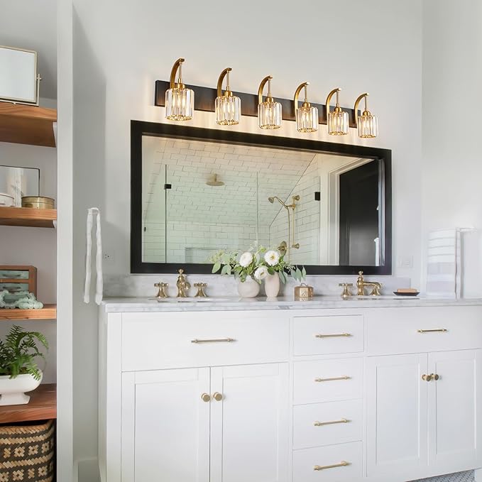 FDPBY 6-Light Crystal Vanity Light, Black Gold Modern Wall Sconce with K9 Crystal Shades, 51.18" Long Over Mirror Lighting for Bathroom, Makeup, Hallway, Elegant & Easy Install