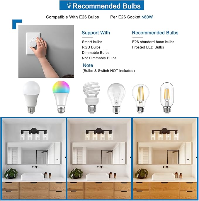 4 Light Bathroom Vanity Light, Matte Black Bathroom Light Fixtures with Clear Glass Shade, 4-Light Vanity Lights, Black Lighting Fixtures for Bath Mirror Bedroom Living Room Hallway Porch