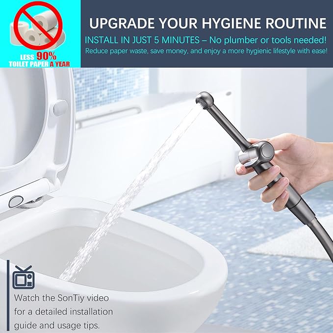 SonTiy Handheld Bidet Toilet Sprayers Black Stainless, Cloth Diaper Sprayer Bathroom Hand Held Jet Spray Bidet Attachment for Toilet with Adjustable Pressure Control, Solid Brass, 7.9" Bidet Wand