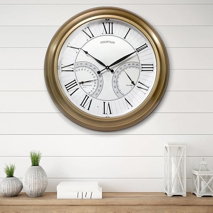 FOUNTAIN DESIGNS 24 Inch in/Outdoor Wall Clock with Temperature and Humidity Combo, Large Outdoor Clock for Patio Large Waterproof with Thermometer,Antique Hamilton Gold Metal