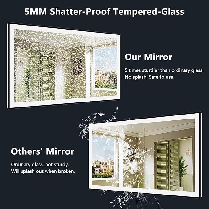 YEELAIT 72x40 Inch LED Bathroom Mirror with Lights (Front Lit and Backlit) Black Framed Lighted Vanity Mirror for Bathroom Wall Dimmable Anti-Fog Memory Tempered Glass Horizontal/Vertical