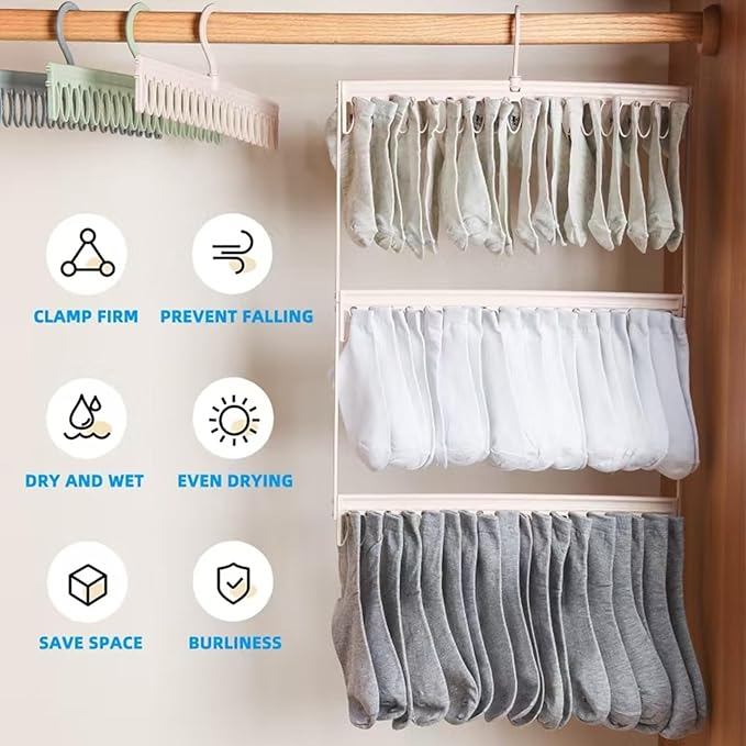 Socks Drying Racks Hanger Socks Organizer Hook Hanger with 54 Clips, Clothes Drying Racks Windproof for Drying Socks Bras Underwears Baby Clothes, Hats Scarfs Towels Pants and Gloves Diaper (Pink)