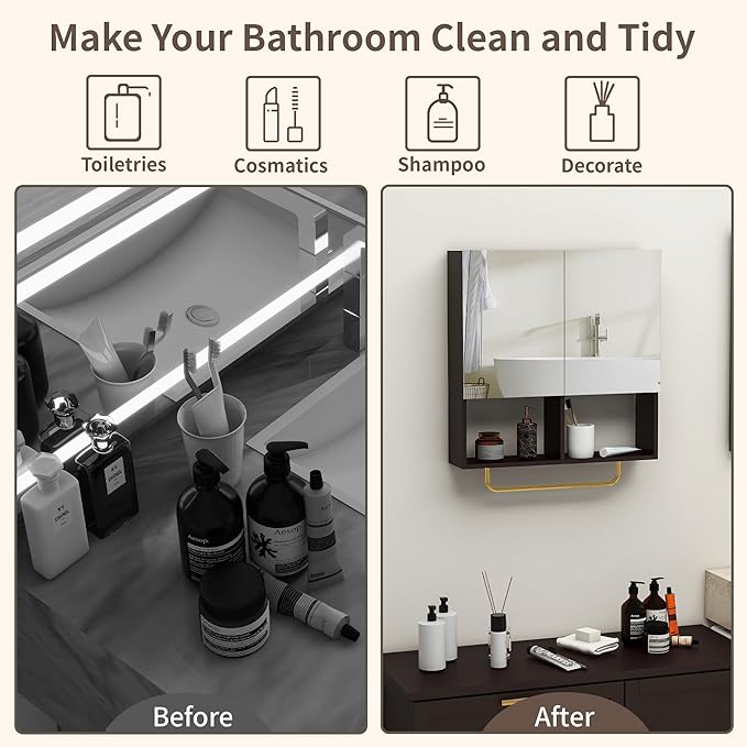 Wall Mounted Storage Cabinet with Mirror & Adjustable Shelves- Bathroom Medicine Cabinet with Towel Bar for Bathroom, Laundary, Enterway,Bedroom