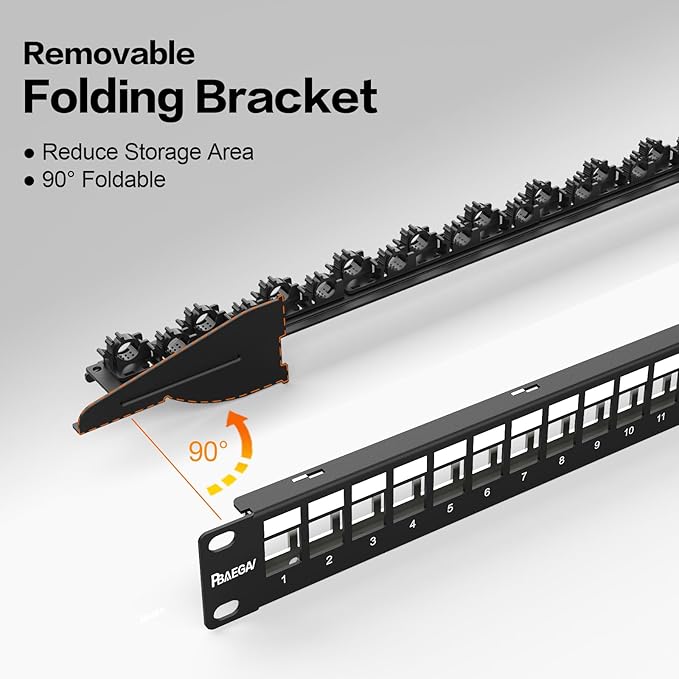 PBAEGAV 24 Port Patch Panel Blank UTP/STP 1U 19" Keystone Patch Panel with Cable Management and Support Bar Compatible with LC/SC/ST/FC/USB/HDMI Keystone Jack(24 Port StyleB)