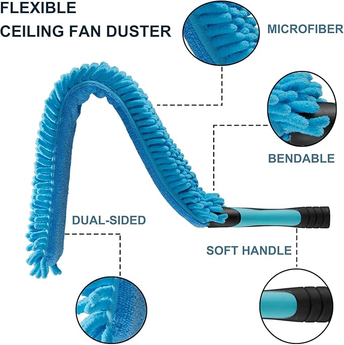 Hicavar High Ceiling Fan Duster with 5-8 Foot Extension Pole, Extendable Reusable Cobweb, Feather, Window Cleaning Squeegee Kit