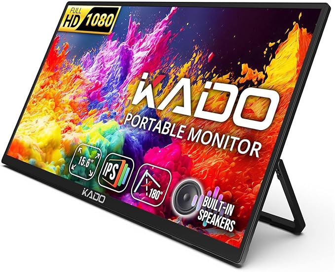 Kado Portable Monitor 15.6-inch FHD 1080p, 45W Reverse Charging Ultra-Slim Laptop Monitor 1920x1080 with Built-in Speakers, IPS Display 180° Kickstand for PC, Mac, Phone, Xbox, PS5, USB-C & Mini HDMI