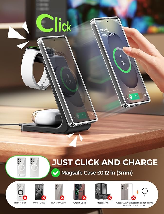 Magnetic Wireless Charger for Samsung, 3 in 1 Mag-Safe Charging Station for Galaxy Watch Ultra/8/7/6, Galaxy Watch Charger, Mag-Safe Charger for S25 Ultra S24 S23 S22/ Z Fold7/ Flip7, Galaxy Buds