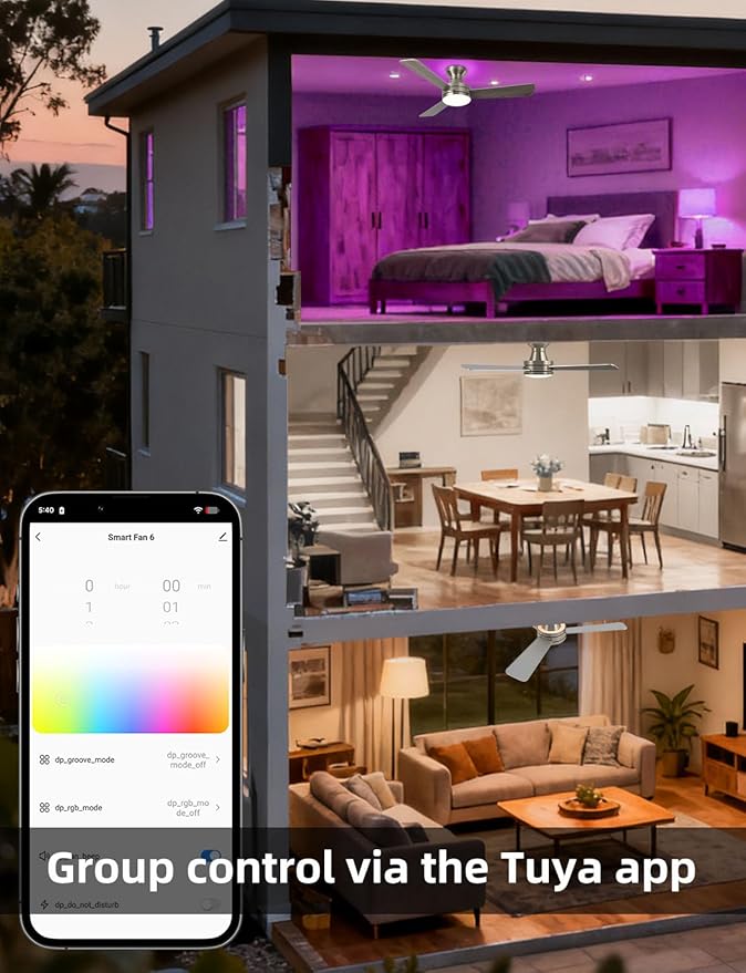 Homlit 42" RGB Ceiling Fan with Light, Music Sync Smart Fan with Alexa/Google/App Control, Low Profile Flush Mount, 6-Speed Quiet DC Motor, 4 CCT Dimmable Lighting for Bedroom Living Room