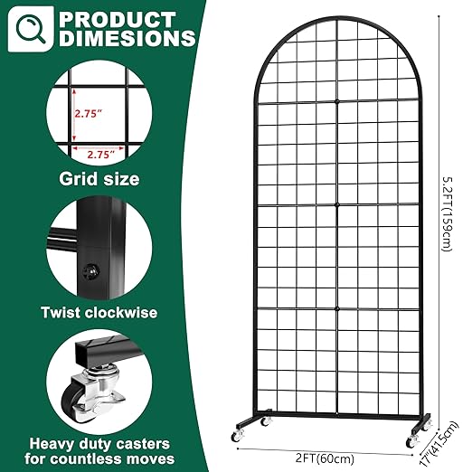 Asee'm Grid Wall Panels Display Stand 2' x 5.2' FT Black Movable Wire Grid Wall Display Rack Heavy Floorstanding Detachable Girdwall Panel with T-Base for Craft Show Rack, Retail Displays 2PCS