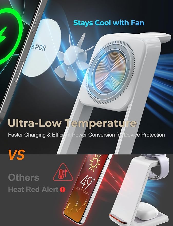 Apor 3 in 1 Charging Station for iPhone, Magsafe Wireless Charger with Cooling Fan for iPhone 17 16e 16 15 14 13 12 Series & Apple Watch Charger, Wireless Charging Station for AirPods 4/3/Pro (White)